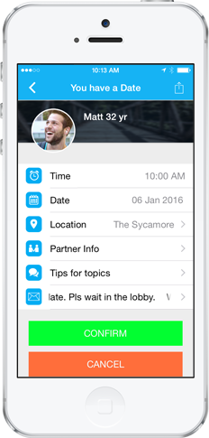Dating App Wiggle confirm date screen